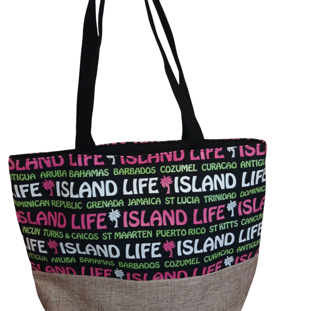 Island Life Women's Tote Bag Black and Pink Sholder Bag Beach Bag 16X12